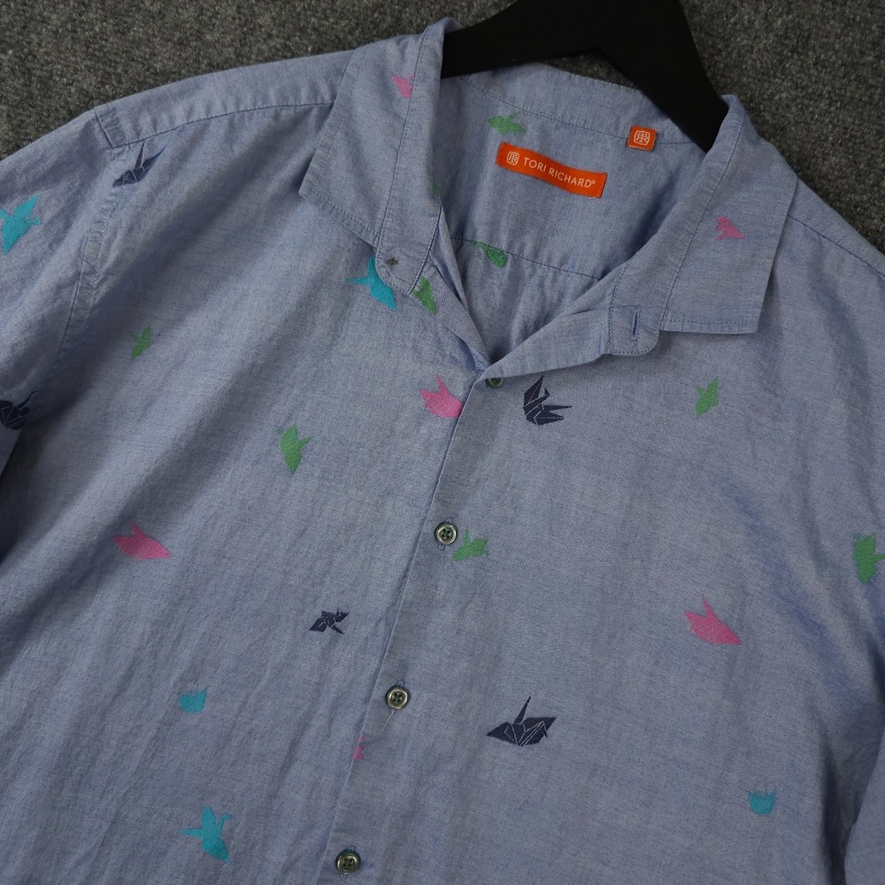 Tori Richard Shirt Men XL Blue Origami Crane Embroidered Short Sleeve Button Up